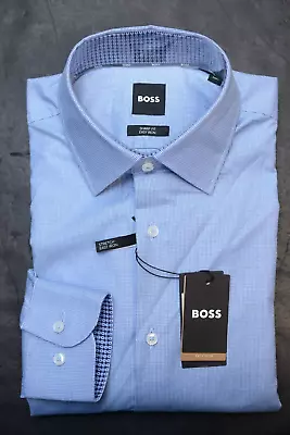 Hugo Boss Mens Max Sharp Fit Easy Iron Blue Plaid Cotton Dress Shirt 38 15 32/33 • $64.79