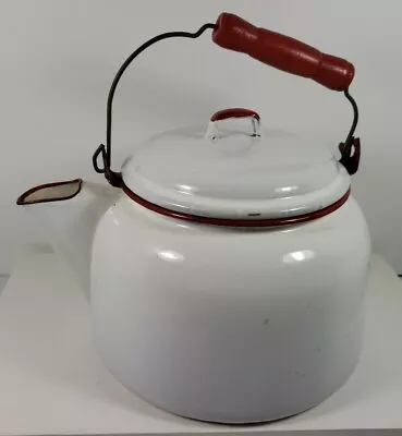 Vintage White/red Porcelain Enamelware Teapot Kettle With Wood Handle. • £24.03