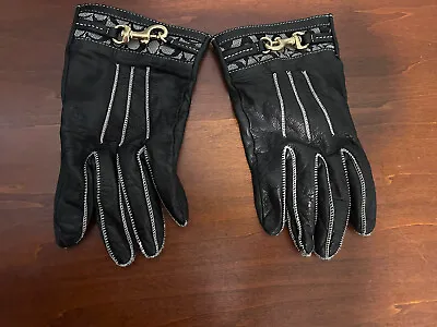 Michael Kors Black Leather Brass Detail Logo Fabric Driving Gloves 7 • $25