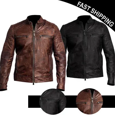 Men's Biker Leather Jacket Black Brown Motorcycle Distressed Leather • $102.49