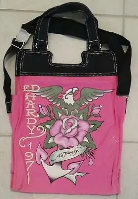 Vtg NEW Ed Hardy Medium Pink Black Tote Shoulder Bag Purse Eagle Anchor Rose • $17.98