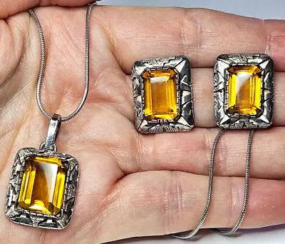 Vintage Mexico Sterling Silver 925 Citrine Pendant Necklace Pierced Earrings Set • $80