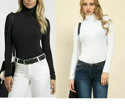  Women Ribbed Roll Neck Jumper Top Rib Polo Neck Long Sleeve Top • £8.90