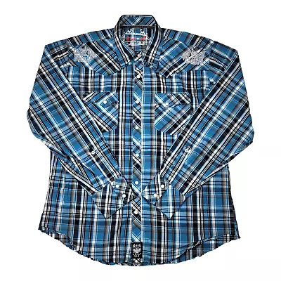 Wrangler Rock 47 Mens L Pearl Snap Long Sleeve Western Shirt Embroidered Blue • $26.99