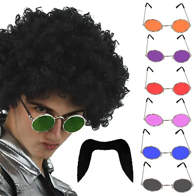 Mens 70s Black Afro Wig Moustache And Hippy Glasses Fancy Dress Costume Kit • £13.99