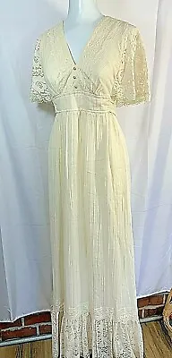 Vtg 70's Wedding Maxi Dress Ivory Gauze Lace Regency Empire Romantic Junior’s 7 • $163.90