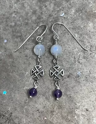 Sterling Silver Celtic Moonstone And Amethyst Earrings Dangle/Drop Earrings • $23.75