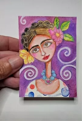 Frida KAHLO Purple Woman ORIGINAL ART Watercolor Painting Folk MeloEarth Mini • $55