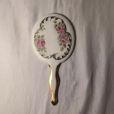 Vintage Handheld Embossed Floral Ornate Porcelain Oval Vanity Mirror Signed • $19.95