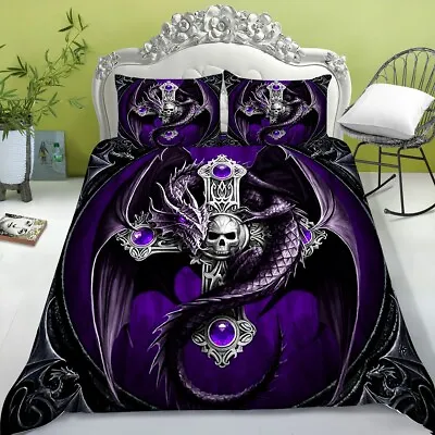£47.99 • Buy 2022 Fashion Purple Cross Skull Bedding Set, 3D Skull Dragon Pattern Duvet Cover
