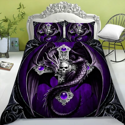 £47.99 • Buy 2022 Fashion Purple Cross Skull Bedding Set, 3D Skull Dragon Pattern Duvet Cover