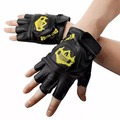 Leather Gloves Stylish Skull Pattern Steampunk Motorcycle Fingerless Gloves Mens • $16