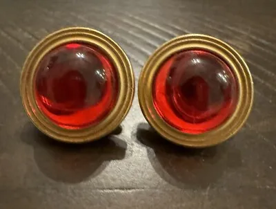 Vintage Monet Ruby Red Cabochon Clip On Earrings Gold Tone Round Signed • $21.99