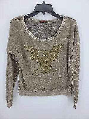 T Party Top Womens Small Brown Studded Eagle Long Sleeve Scoop Neck Boho • $19.17