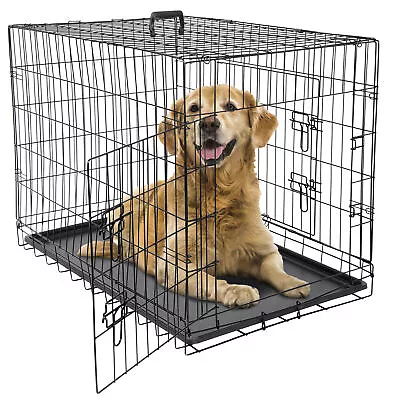 36  Dog Crate Folding Metal Pet Cage Kennel Double Door With Tray Pan Black   • $45.58