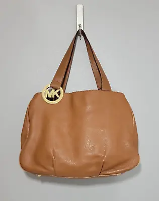 Michael Kors MK Fulton Brown Pebble Leather Hobo Shoulder Bag Gold Logo • $79