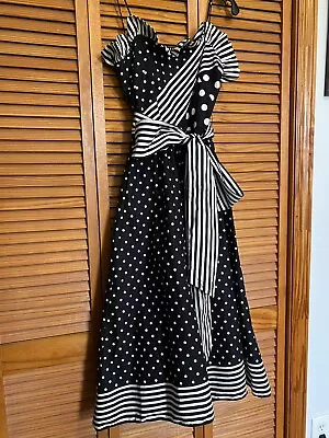 Vintage Navy Black Cotton Polkadot Stripe Ruffle Sundress 80s Xs • $39.99