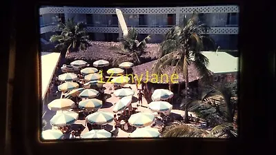 4602 Vintage 35MM SLIDE Photo HOTEL PATIO WITH TABLE AND UMBRELLAS FROM BALCONY • $25.56