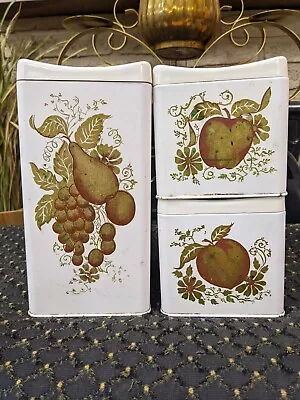 Vintage Ransburg White Canister Set Fruit Design Rectangular Stackable • $25