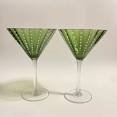 Sage Green Classic Fluted Martini Artland Inc. Cambria Set Of 2 Hand Blown READ • $28