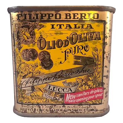 Vintage Filippo Berio Lucca 100% Olive Oil Empty Tin 3  Tall Empty 8 Oz Can • $24.99