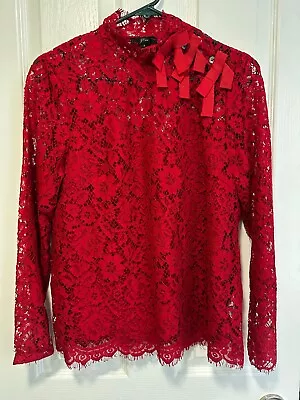 NEW J. Crew Mockneck Bow Tie Allover Lace Crochet Long Sleeve Blouse Red Size 4 • $39.99