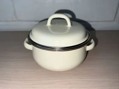 Megaware Mini Cooking Pot .5 Qt With Lid Handles Ivory Enamelware Made In Spain • $13.95