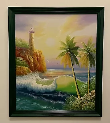 Lighthouse On Cliffs Tropical Beach Waves Oil Painting Signed 56cm X 66cm • $165