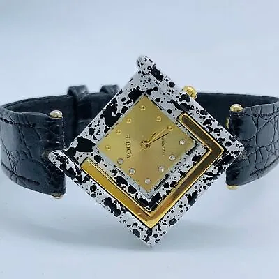 Vogue Ladies Diamond Shaped Patent Watch Gold Accented Splatter Paint 29mm Runs • $32