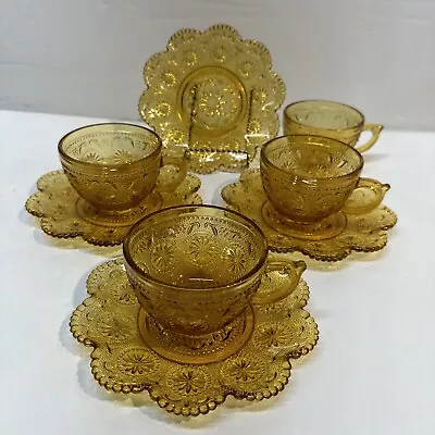 $20 • Buy 4 Vintage Brockway American Concord Amber Glass Coffee Tea Cups 6 Oz W/Saucers