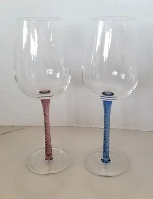 Vintage Pair Of Air Twist Stem Wine Glasses Blue And Pink 9.75  Tall • $39.50