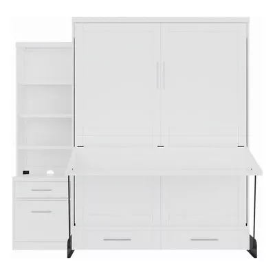 Pemberly Row Queen Solid Wood Murphy Desk Bed - Storage Piers - White • $2544.47