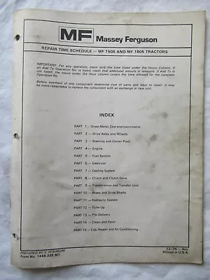 1974 Massey Ferguson MF1805 MF 1505 Tractors Service Repair Time Schedule Manual • $17.99