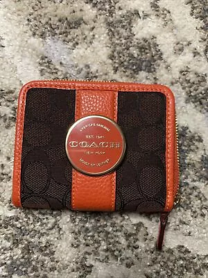 NWT Brown/Mango Coach Lonnie Small Zip Around Wallet Signature Jacquard C8323  • $74