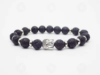 Silver Buddha Gemstone Lava Bracelet Stone Buddhist Reiki Meditation Gift UK • £3.99