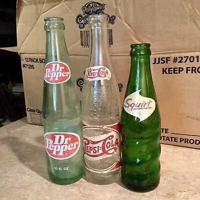 $9.99 • Buy 3 Diff ACL Soda Bottles Dr Pepper Pepsi Cola Squirt 1940s-1970s Retro Neat Old