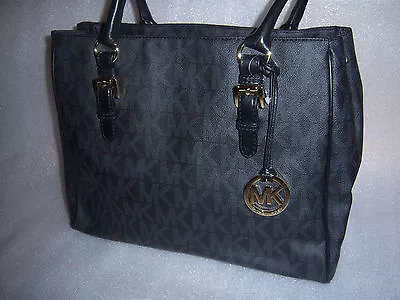 Michael Kors Jet Set Medium PVC Coated Black / Gold Signature Work Tote Bag NEW • $225