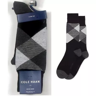 Cole Haan Mens Argyle Dress Crew Socks Black Size 7-12 Cotton Blend • $9.89