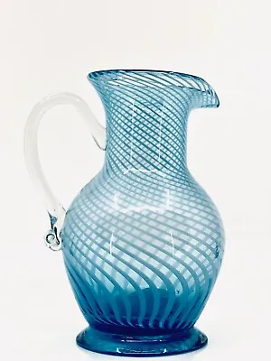 Art Glass Pitcher Blue Spiral Striped Blown Applied Handle 48 OZ • $19.99