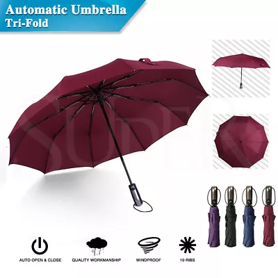 Automatic Folding Umbrella Portable Windproof Auto Compact 10 Ribs Fiberglass AU • $12.99