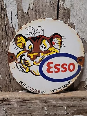 Vintage Esso Porcelain Sign Gas Station Oil Service Tiger 6  Pump Plate Lube Usa • $114.11