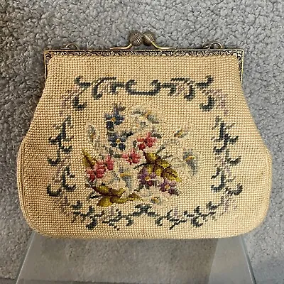 Vintage Needlepoint Petit Point Purse Handbag Flower Scene With Green Border VTG • $105.87