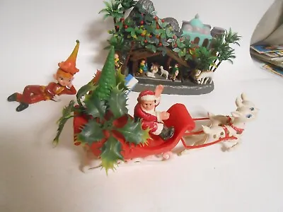 Vintage 1974 Nativity Manger Scene & Plastic Santa & Sleigh + Rubber Elf Pixie • $44.95