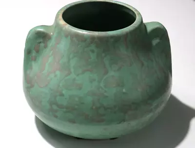 Vintage Art Pottery Vase In Mottled Matte Green & Tan Arts & Crafts 5  X 6 1/2  • $40