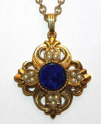 Vintage Avon Seed Pearl Bead Maltese Cross Pendant Blue Stone 24 Chain Necklace • $12