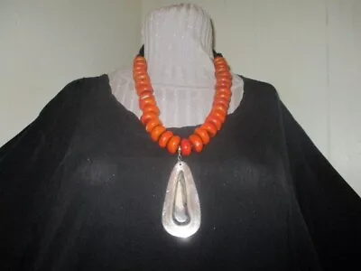 Vintage Moroccan Berber  Copal Amber Beads And Sterling Fern Agate Pendant Neckl • $88