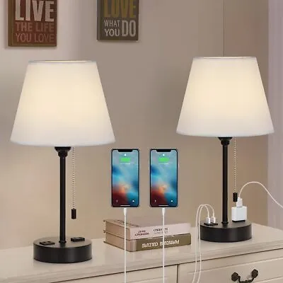 Set Of 2 Table Lamps Modern Bedroom Nightstand Desk Lamp W/2 USB Charging Ports • $26.99
