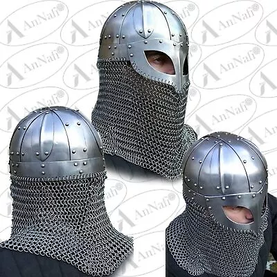 Viking Helmet With Chain Mail Medieval Knight Battle Armour Costume Helmet • £58.85