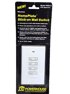 New X10 Powerhouse Wireless HomePlate Stick-On Wall Switch Model RSS18 • $10.77