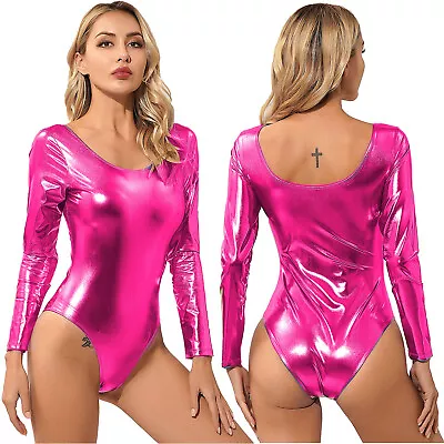 Sexy Women's Shiny Metallic Bodysuit Long Sleeve Gymnastics Leotard Clubwear • $8.99
